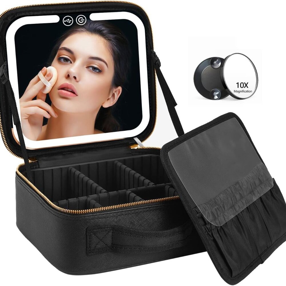 Travel Makeup Bag With Led Lighted Make Up Case With Mirror 3 Color Setting Cosm